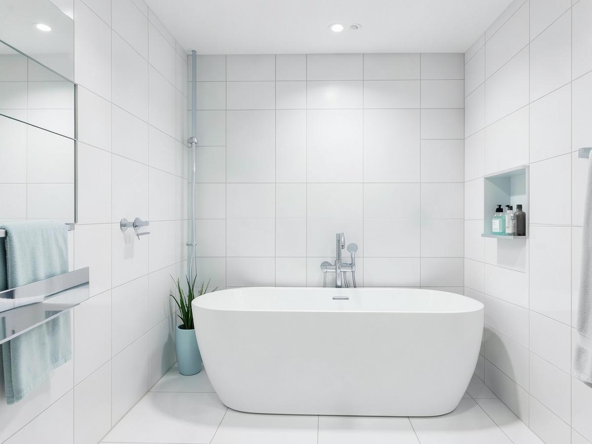 Renovated white bathroom with a freestanding bath and large format tiles