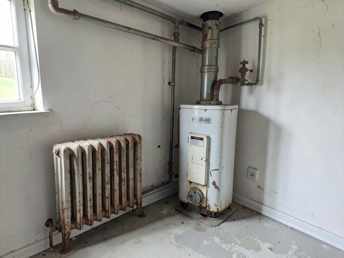 Old rusty radiator and dated boiler with corroded pipework before a heating upgrade
