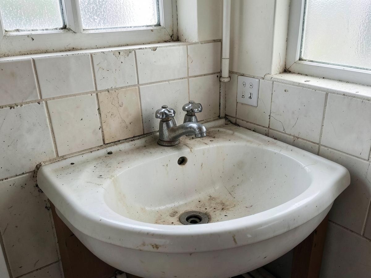 Old stained basin with a worn chrome tap before plumbing work in Egham