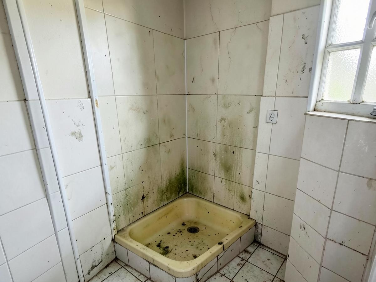 Old stained shower cubicle with a yellowed tray before installation work