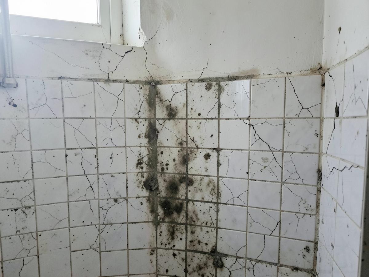Cracked bathroom tiles with mouldy grout before retiling
