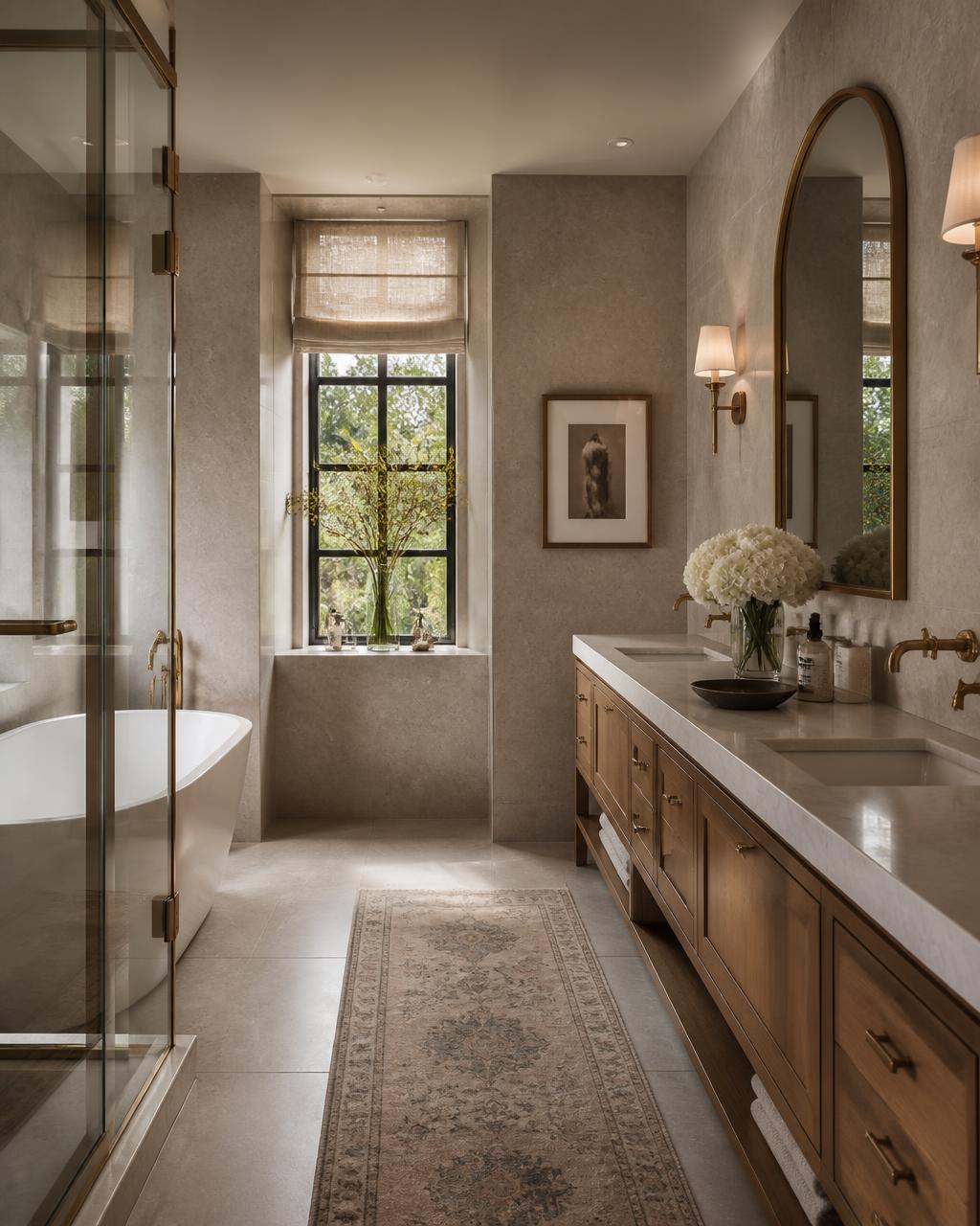 Luxury bathroom renovation with stone tiling and brass fittings in Surrey