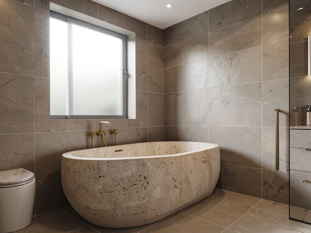 Renovated bathroom with stone bath and large format tiles in Surrey