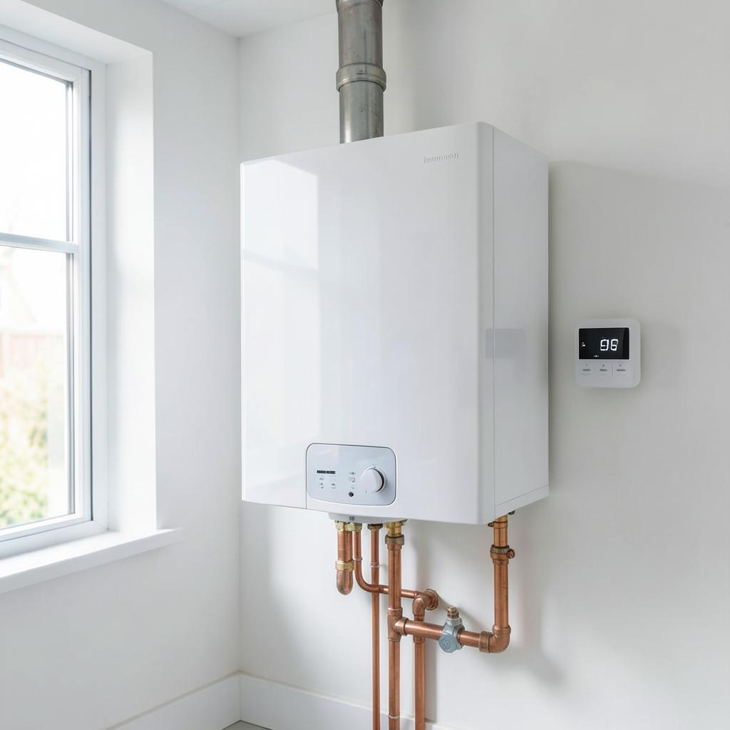 Modern wall mounted boiler with copper pipework in Staines