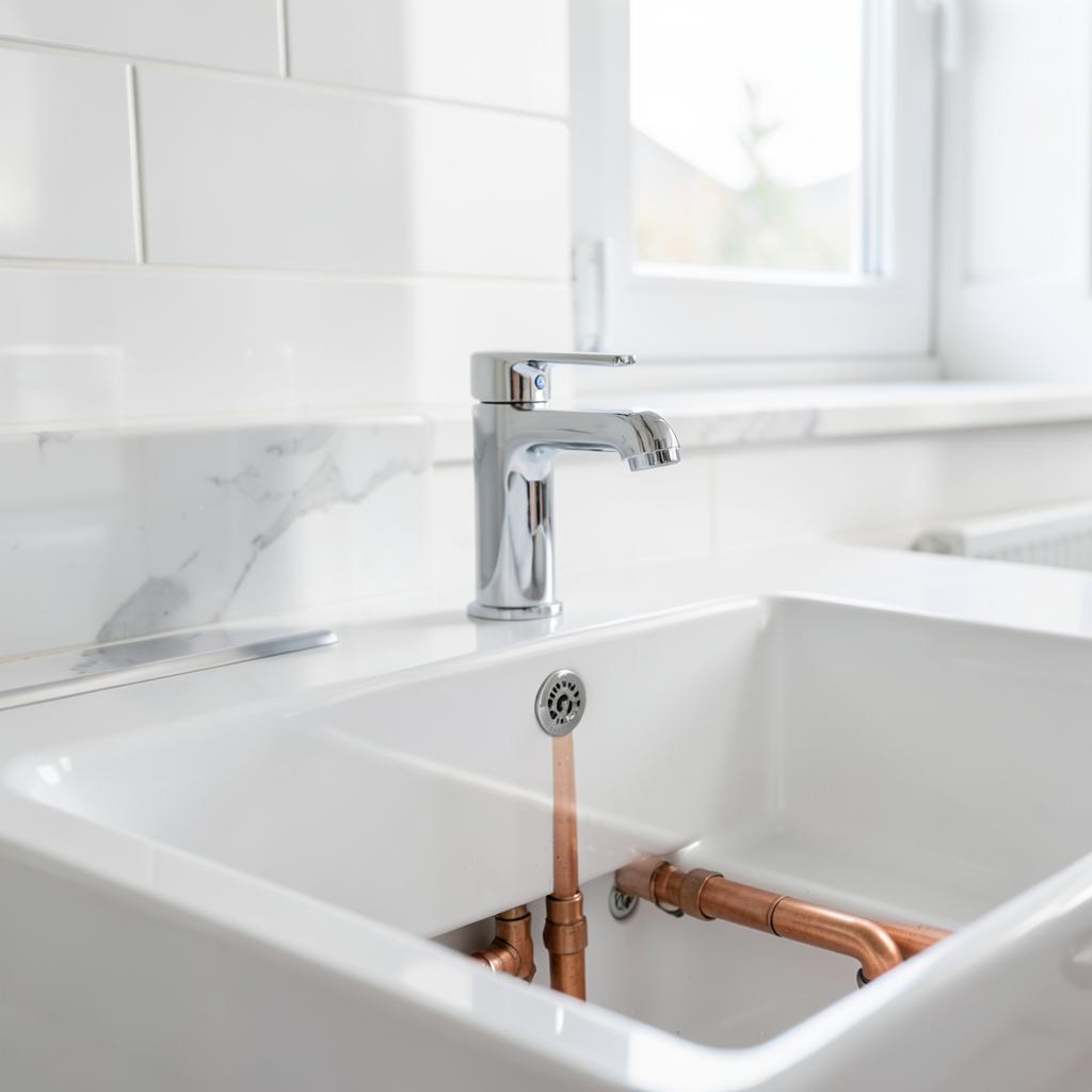 Chrome tap and copper pipework on a modern basin in Egham