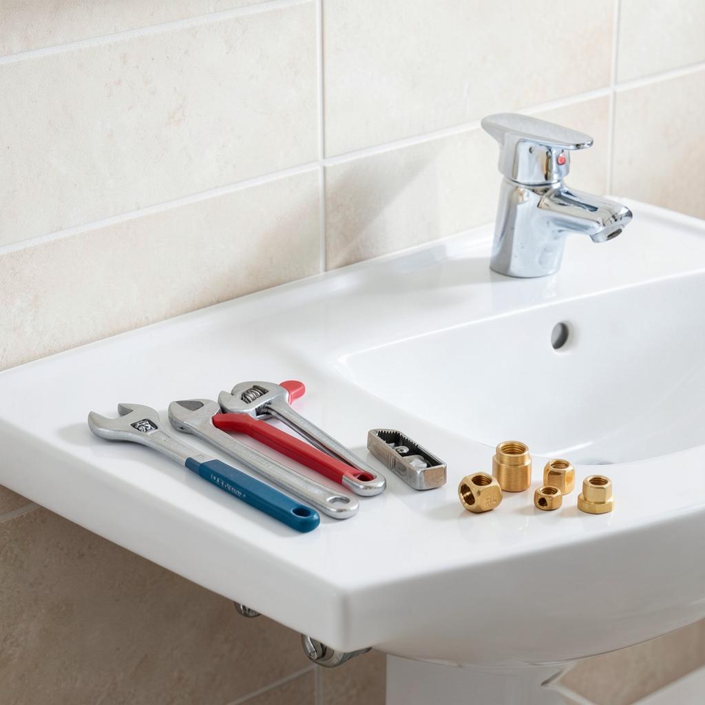 Professional plumbing tools and brass fittings beside a bathroom basin