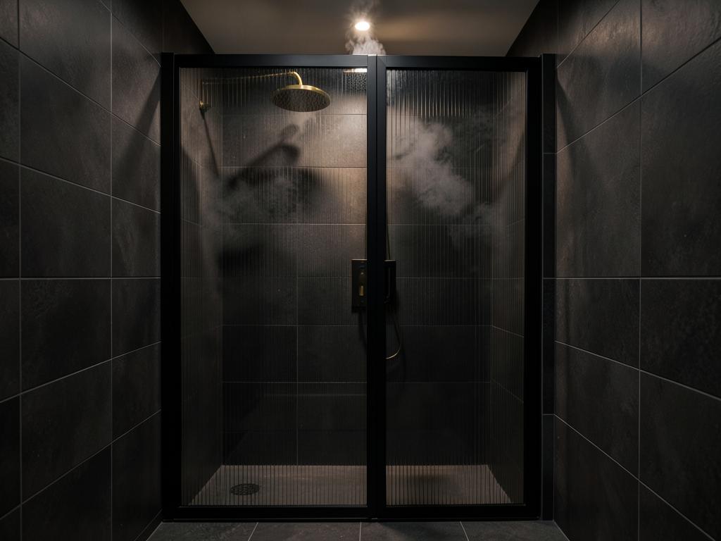 Modern walk-in shower enclosure with brass rainfall head