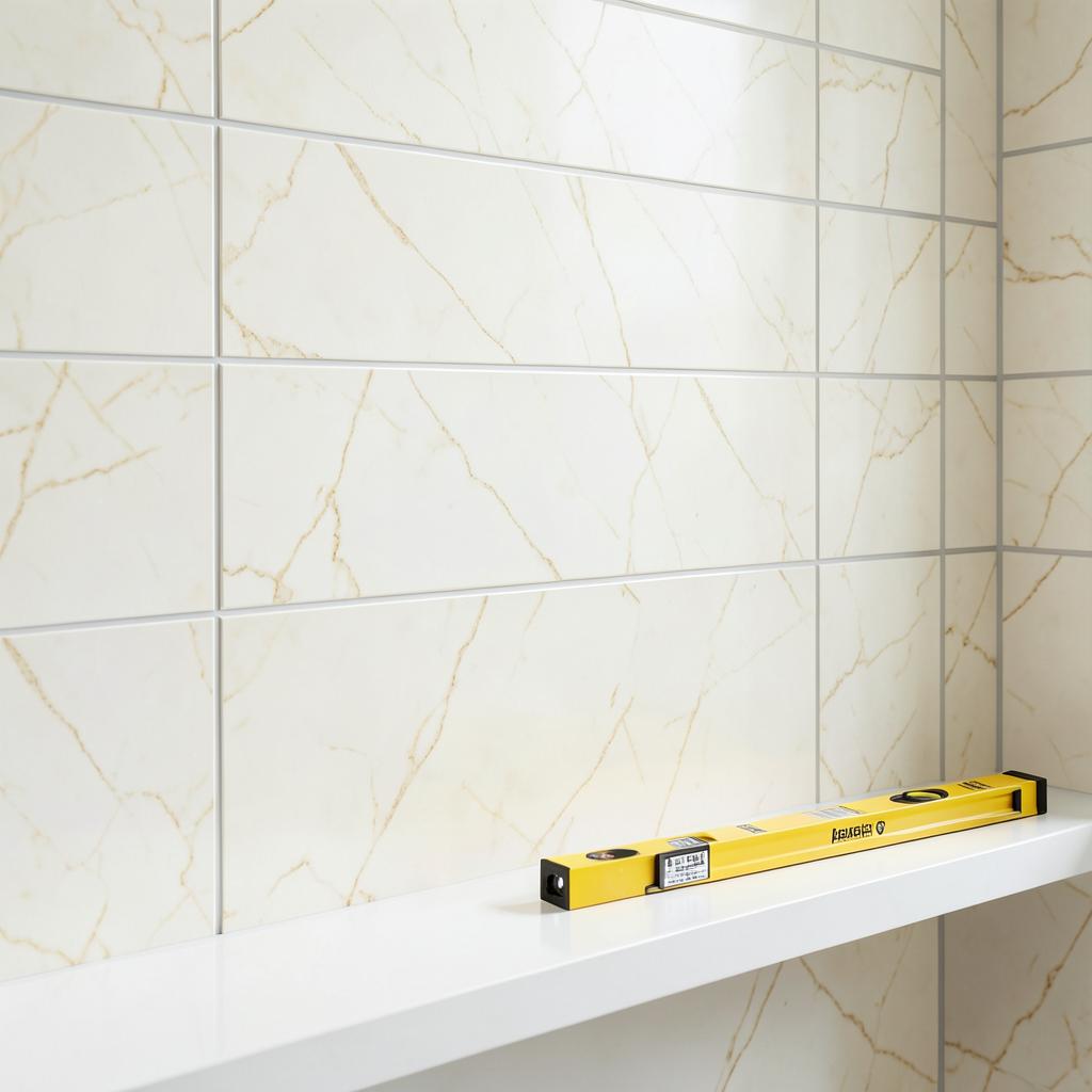 Precision bathroom wall tiling with neat grout lines